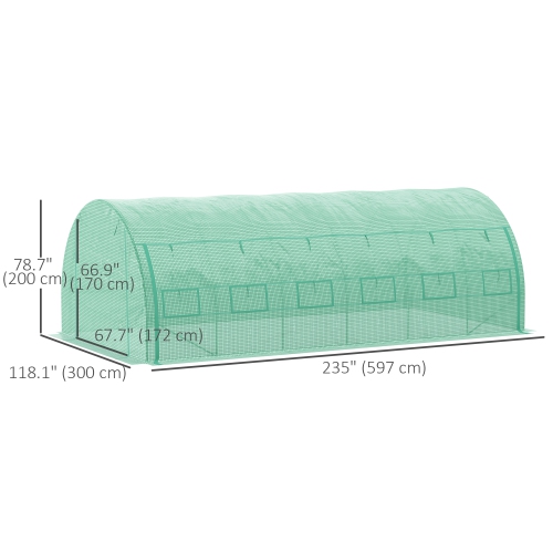 Grande serre Outsunny, serre tunnel de 20 x 10 x 6 pi avec porte à fermeture à glissière et 12 fenêtres enroulables, maison verte extérieure pour