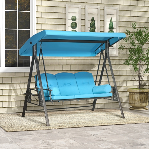 Outsunny 3 Seater Porch Swing Heavy Duty Outdoor Swing Chair Outdoor Lounge Hammock Cushioned Seat w/ Tilt Canopy, Light Blue