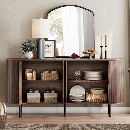 WAMPAT Sideboard Buffet Cabinet with 4 Fluted Doors,64" Wood Accent Storage Cabinet with Curved Design,Credenza for Dining Room, Living Room,