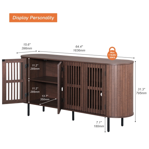 WAMPAT Sideboard Buffet Cabinet with 4 Fluted Doors,64" Wood Accent Storage Cabinet with Curved Design,Credenza for Dining Room, Living Room,