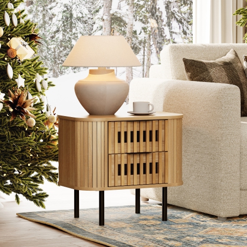 WAMPAT Fluted Nightstand with 2 Drawers,Wood End Table, Modern Storage Bedside Table for Bedroom, Living Room,Oak