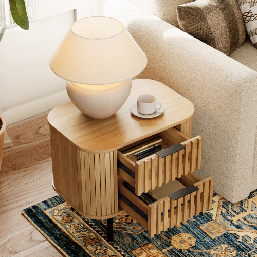 WAMPAT Fluted Nightstand with 2 Drawers,Wood End Table, Modern Storage Bedside Table for Bedroom, Living Room,Oak