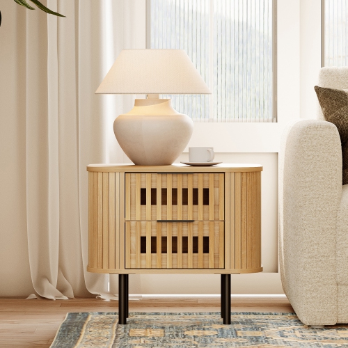 WAMPAT Fluted Nightstand with 2 Drawers,Wood End Table, Modern Storage Bedside Table for Bedroom, Living Room,Oak