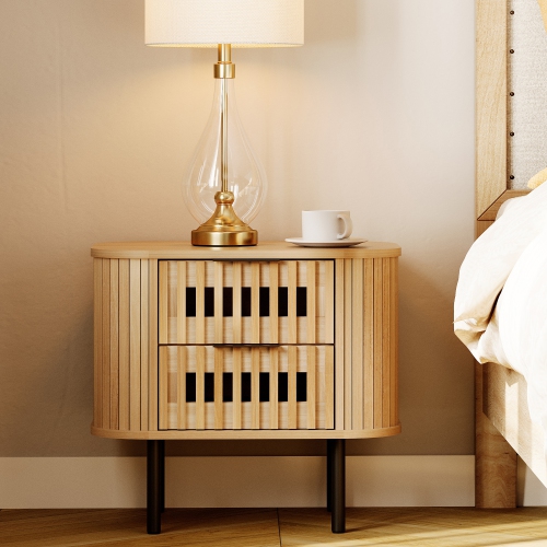 WAMPAT Fluted Nightstand with 2 Drawers,Wood End Table, Modern Storage Bedside Table for Bedroom, Living Room,Oak