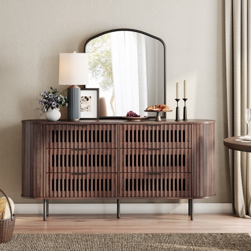 WAMPAT Fluted Dresser for Bedroom with 6 Drawers,Modern Chest of Drawers with Curved Profile Design, Wood Storage Organizer for Bedroom, Living Room,