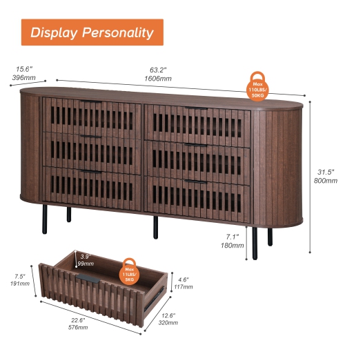 WAMPAT Fluted Dresser for Bedroom with 6 Drawers,Modern Chest of Drawers with Curved Profile Design, Wood Storage Organizer for Bedroom, Living Room,