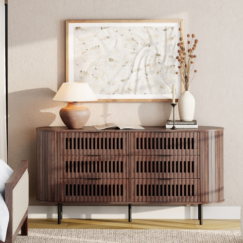 WAMPAT Fluted Dresser for Bedroom with 6 Drawers,Modern Chest of Drawers with Curved Profile Design, Wood Storage Organizer for Bedroom, Living Room,