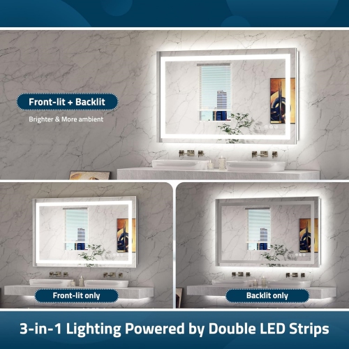 LED Bathroom Mirror with Lights 72 x 36 Frontlit & Backlit Vanity Mirror Anti Fog Stepless Dimmable 3 Colors White/Warm/Natural, Double Lights,