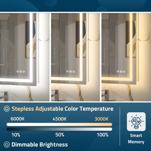 LED Bathroom Mirror with Lights 72 x 36 Frontlit & Backlit Vanity Mirror Anti Fog Stepless Dimmable 3 Colors White/Warm/Natural, Double Lights,