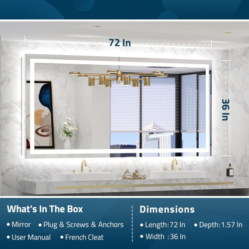 LED Bathroom Mirror with Lights 72 x 36 Frontlit & Backlit Vanity Mirror Anti Fog Stepless Dimmable 3 Colors White/Warm/Natural, Double Lights,