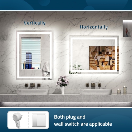 LED Bathroom Mirror with Lights 72 x 36 Frontlit & Backlit Vanity Mirror Anti Fog Stepless Dimmable 3 Colors White/Warm/Natural, Double Lights,