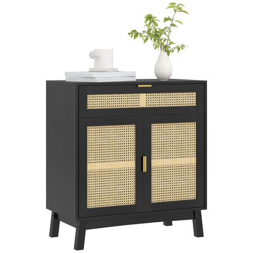 HOMCOM  Boho Sideboard Storage Cabinet With Rattan Doors, Kitchen Buffet Cabinet With Adjustable Shelf Drawer In Black