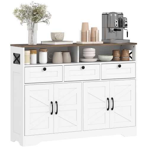 HOMCOM  Sideboard Storage Cabinet, Farmhouse Buffet Cabinet With 4 Barn Doors And 3 Drawers, Coffee Bar Cabinet With Adjustable Shelves In White