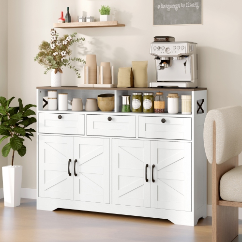 HOMCOM Sideboard Storage Cabinet, Farmhouse Buffet Cabinet with 4 Barn Doors and 3 Drawers, Coffee Bar Cabinet with Adjustable Shelves, White