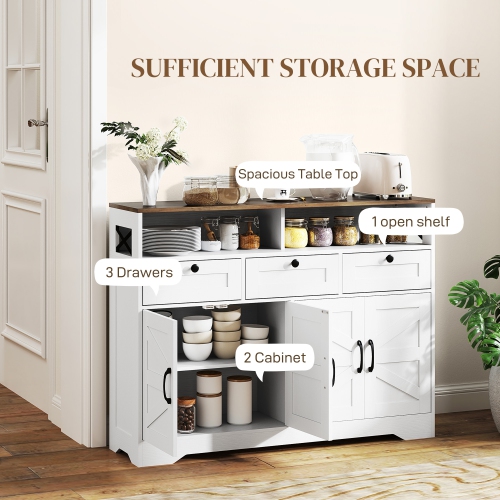 HOMCOM Sideboard Storage Cabinet, Farmhouse Buffet Cabinet with 4 Barn Doors and 3 Drawers, Coffee Bar Cabinet with Adjustable Shelves, White