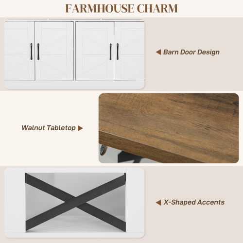 HOMCOM Sideboard Storage Cabinet, Farmhouse Buffet Cabinet with 4 Barn Doors and 3 Drawers, Coffee Bar Cabinet with Adjustable Shelves, White