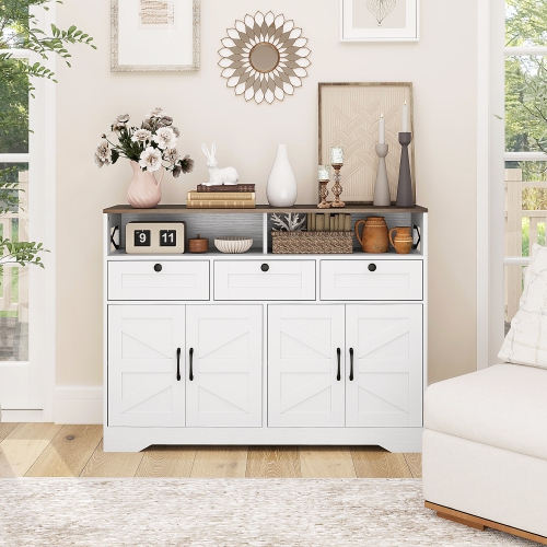 HOMCOM Sideboard Storage Cabinet, Farmhouse Buffet Cabinet with 4 Barn Doors and 3 Drawers, Coffee Bar Cabinet with Adjustable Shelves, White