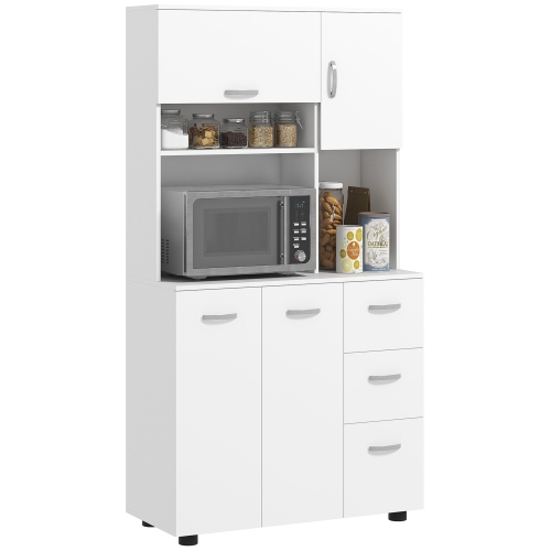 HOMCOM – Armoire de rangement de 66&nbsp;po pour garde-manger, buffet autonome avec étagère, support pour micro-ondes à 4 portes, 3 tiroirs, blanc