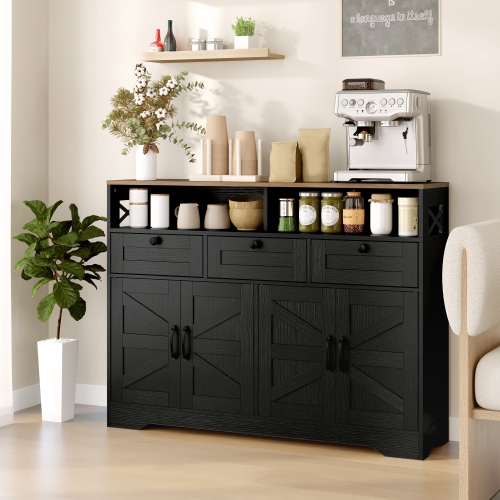 HOMCOM Sideboard Storage Cabinet, Farmhouse Buffet Cabinet with 4 Barn Doors and 3 Drawers, Coffee Bar Cabinet with Adjustable Shelves, Black
