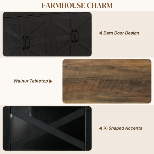 HOMCOM Sideboard Storage Cabinet, Farmhouse Buffet Cabinet with 4 Barn Doors and 3 Drawers, Coffee Bar Cabinet with Adjustable Shelves, Black