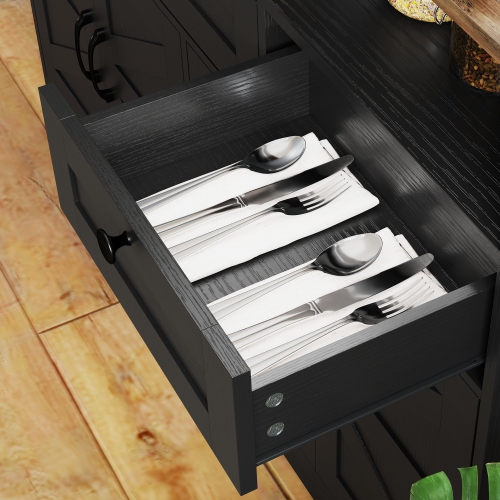 HOMCOM Sideboard Storage Cabinet, Farmhouse Buffet Cabinet with 4 Barn Doors and 3 Drawers, Coffee Bar Cabinet with Adjustable Shelves, Black