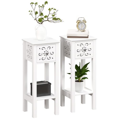 HOMCOM Nightstand Set of 2, Bedside Table Set with Drawer and Open Storage Shelf, End Table Set with Flower-Shaped Design for Bedroom, White
