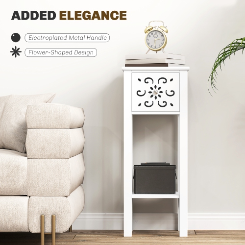 HOMCOM Nightstand Set of 2, Bedside Table Set with Drawer and Open Storage Shelf, End Table Set with Flower-Shaped Design for Bedroom, White