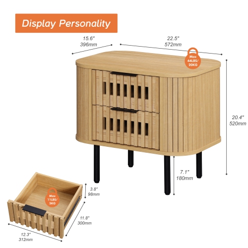 WAMPAT Fluted End Tables Set of 2, Modern Curved Sofa Side Tables with 4 Slatted Drawers, Farmhouse Wooden Nightstands Bedside Tables for Living Room