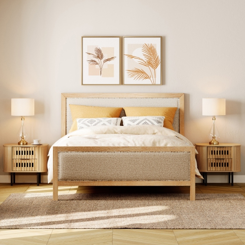 WAMPAT Fluted End Tables Set of 2, Modern Curved Sofa Side Tables with 4 Slatted Drawers, Farmhouse Wooden Nightstands Bedside Tables for Living Room