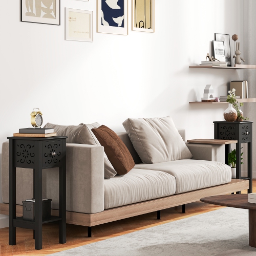 Ensemble de 2 tables de chevet de HOMCOM, ensemble table de chevet avec tiroir et tablette de rangement ouverte, ensemble table de bout avec motif de