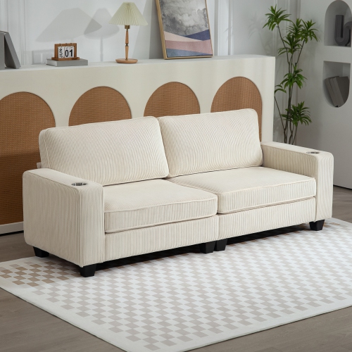 HOMCOM Modern 3 Seater Sofa with Spring Cushion, 90" Upholstered Corduroy Couch with Cup Holders for Living Room, Bedroom, Home Office, Cream White