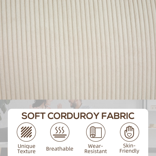 HOMCOM Modern 3 Seater Sofa with Spring Cushion, 90" Upholstered Corduroy Couch with Cup Holders for Living Room, Bedroom, Home Office, Cream White