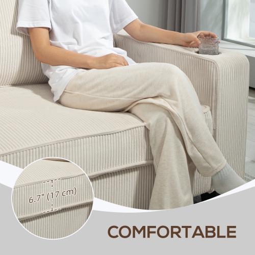 HOMCOM Modern 3 Seater Sofa with Spring Cushion, 90" Upholstered Corduroy Couch with Cup Holders for Living Room, Bedroom, Home Office, Cream White