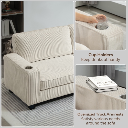 HOMCOM Modern 3 Seater Sofa with Spring Cushion, 90" Upholstered Corduroy Couch with Cup Holders for Living Room, Bedroom, Home Office, Cream White