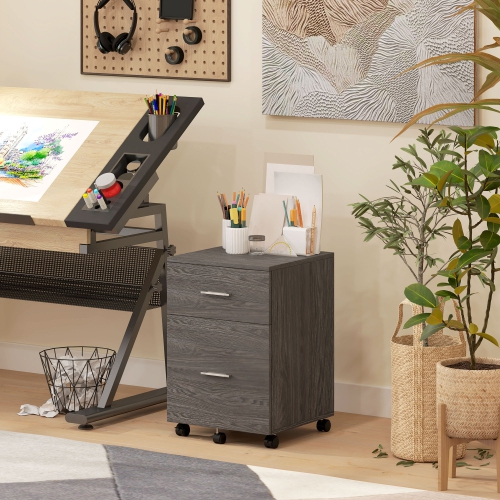 Vinsetto Vertical Filing Cabinet with Wheels, 2-Drawer Mobile File Cabinet, Office Storage Cabinet for Letter or A4 File, Study Home Office, Grey