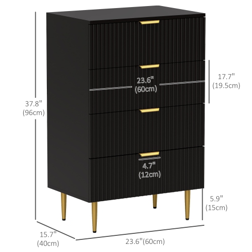 HOMCOM – Commode moderne à 4 tiroirs pour chambre à coucher, commode à tiroirs avec poignées et pattes dorées de luxe, armoire de rangement pour