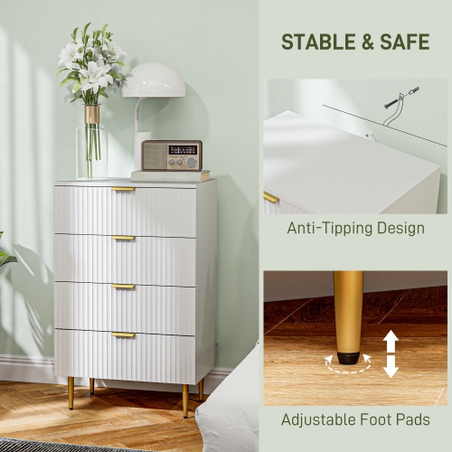 HOMCOM – Commode moderne à 4 tiroirs pour chambre à coucher, commode à tiroirs avec poignées et pattes dorées de luxe, armoire de rangement pour