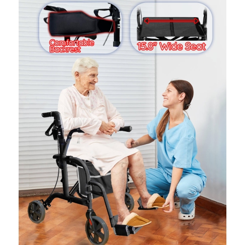 10 KG Lightweight 4 Wheel Walking Rollator with Seat & Armrests, Takes Up 30cm Tiny Space When Folded, Walking Cane Storage and Large Bag, Dual