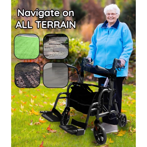 10 KG Lightweight 4 Wheel Walking Rollator with Seat & Armrests, Takes Up 30cm Tiny Space When Folded, Walking Cane Storage and Large Bag, Dual