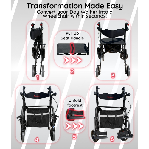 10 KG Lightweight 4 Wheel Walking Rollator with Seat & Armrests, Takes Up 30cm Tiny Space When Folded, Walking Cane Storage and Large Bag, Dual