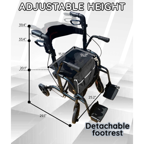 10 KG Lightweight 4 Wheel Walking Rollator with Seat & Armrests, Takes Up 30cm Tiny Space When Folded, Walking Cane Storage and Large Bag, Dual