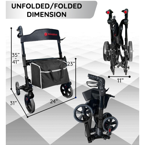 8 KG Light Rollator Walker with Seat for Seniors, Foldable Mobility Rollator with 20cm Falt-Free Wheels, Durable Aluminum Frame, Large Storage Bag,