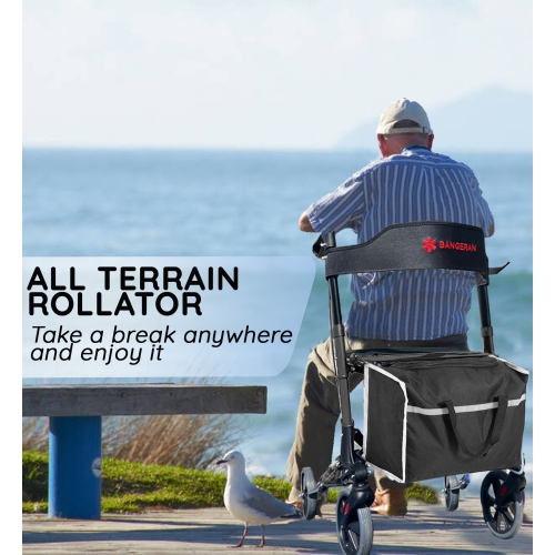 8 KG Light Rollator Walker with Seat for Seniors, Foldable Mobility Rollator with 20cm Falt-Free Wheels, Durable Aluminum Frame, Large Storage Bag,