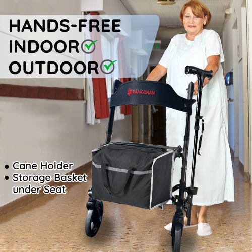 8 KG Light Rollator Walker with Seat for Seniors, Foldable Mobility Rollator with 20cm Falt-Free Wheels, Durable Aluminum Frame, Large Storage Bag,