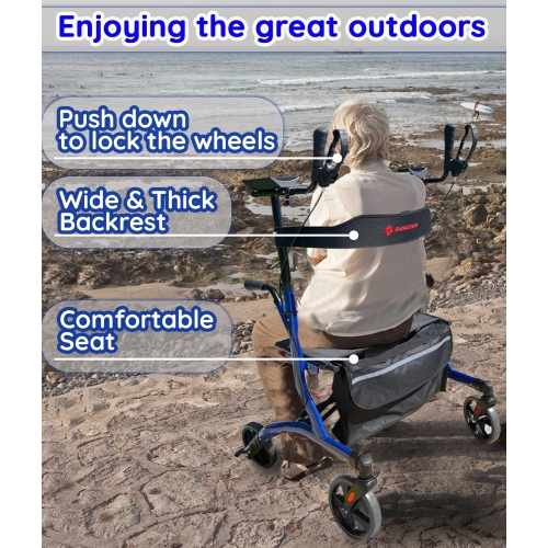 Healthy Stand Up Walking Support with Padded Seat & Armrests Up To 135 KG Capacity, 9.5 KG Lightweight Walking Rollator with Storage Bag & Cane