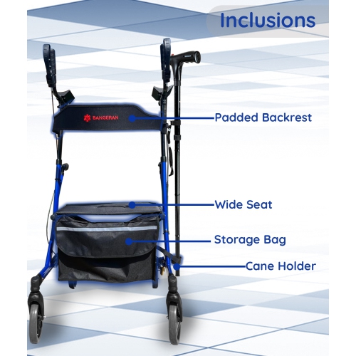 Healthy Stand Up Walking Support with Padded Seat & Armrests Up To 135 KG Capacity, 9.5 KG Lightweight Walking Rollator with Storage Bag & Cane
