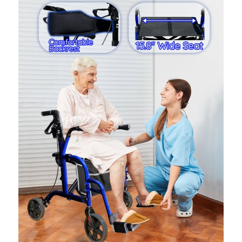 135 KG Capacity Folding Walking Rollator with Seat and Armrests, Solid Aluminum Frames, Flat-Tire Free 20cm Wheels for All Terrain, Includes Storage