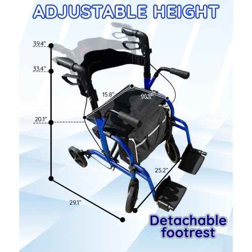 135 KG Capacity Folding Walking Rollator with Seat and Armrests, Solid Aluminum Frames, Flat-Tire Free 20cm Wheels for All Terrain, Includes Storage