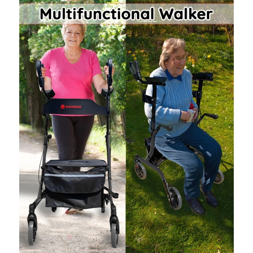 Elbow Supporting Upright Rolling Walker, Healthy Stand Up Position with Seating and Double Handbrakes, Allowed on Airplanes Cruise Ships, For Seniors
