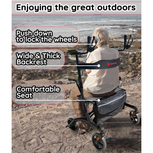 Elbow Supporting Upright Rolling Walker, Healthy Stand Up Position with Seating and Double Handbrakes, Allowed on Airplanes Cruise Ships, For Seniors